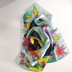 PARADE Colorful Scarf Square‎ 24" Silky Aqua Pink Yellow Stars Holiday Celebrate